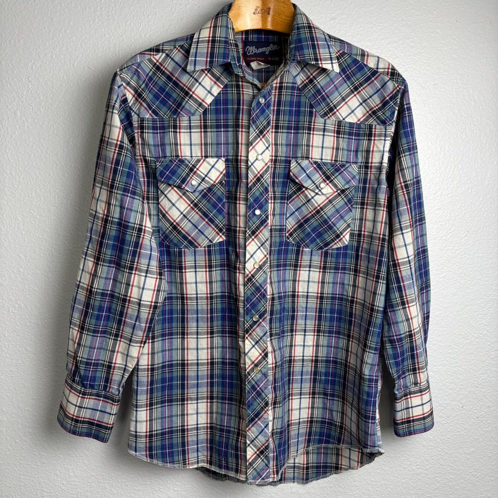 Wrangler Mens M Long Tail Plaid Western Pearl Snap Shirt Blue Red‎ Vintage